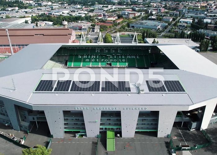 Geoffroy-Guichard Stadium drone shot over Geoffroy Guichard stadiu... | Stock Video | Pond5 photo