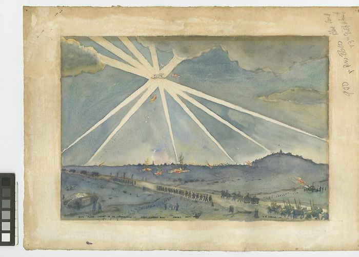 Fine Arts Museum Cambrai painting, HUN PLANE CAUGHT IN THE SEARCHLIGHTS - ARRAS-CAMBRAI ... photo