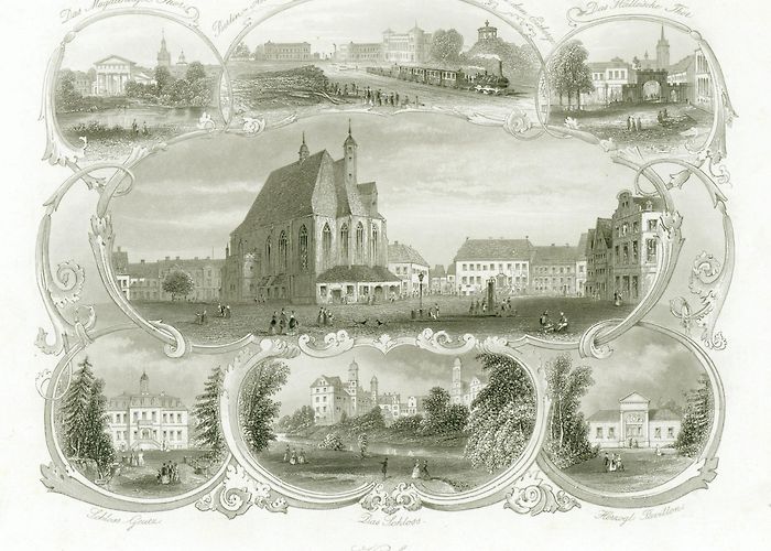 Das Schloss Souvenirblatt, Ansicht des Marktplatzes und 6 Teilansichten. by ... photo