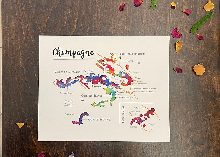 Canal de l'Aisne à la Marne Wine Map of Champagne, FR Champagne Wine Region Map Watercolor ... photo